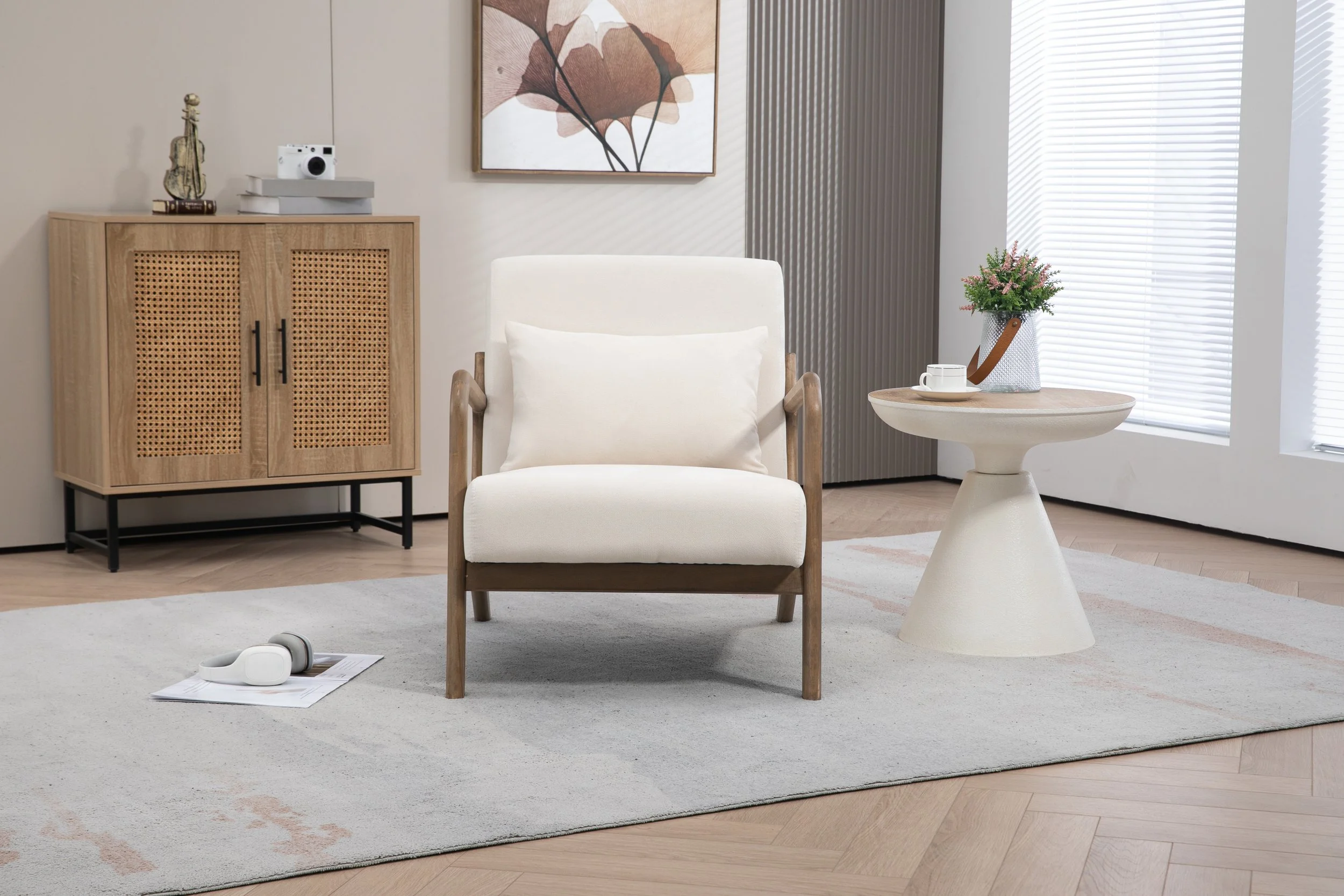 Antique White Linen Mid-century Armchair - Image 5