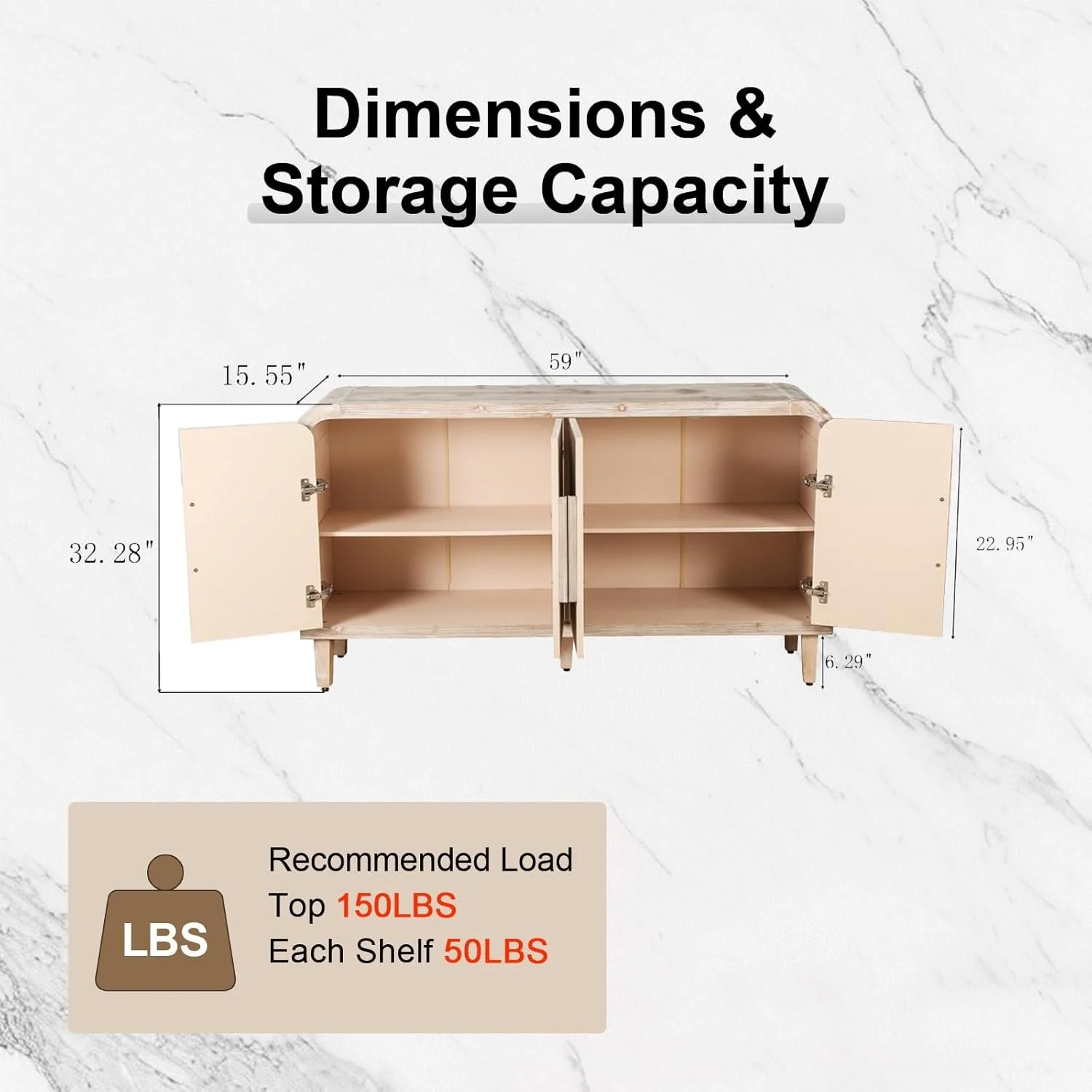 Antique White and Natural Wood Wash Solid Wood Farmhouse Sideboard with Adjustable Shelves - Image 6