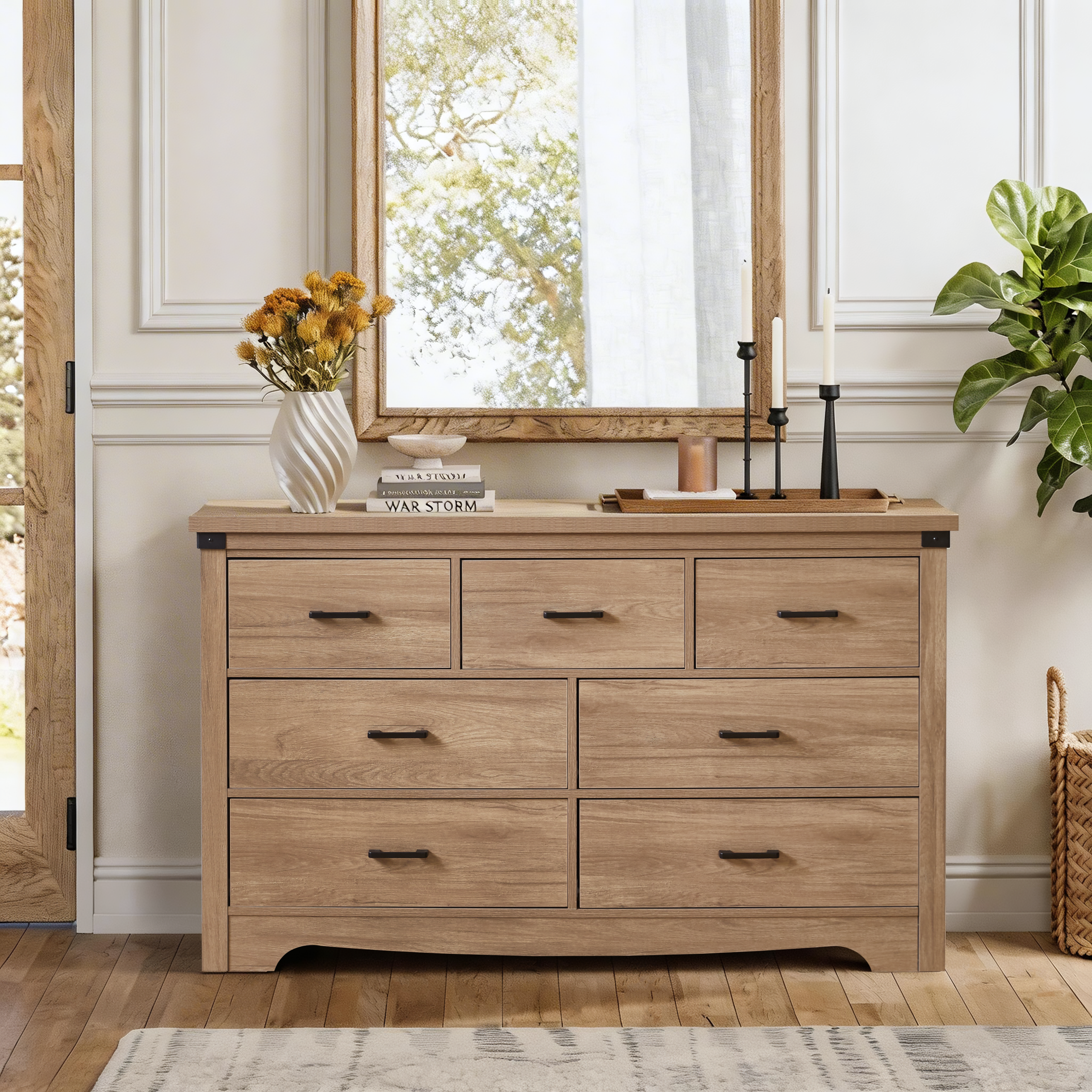 Natural Wood Farmhouse Storage Cabinet - Nora Lane Home furniture - Metal accent - 56.1 x 18.5 x 8.1 in