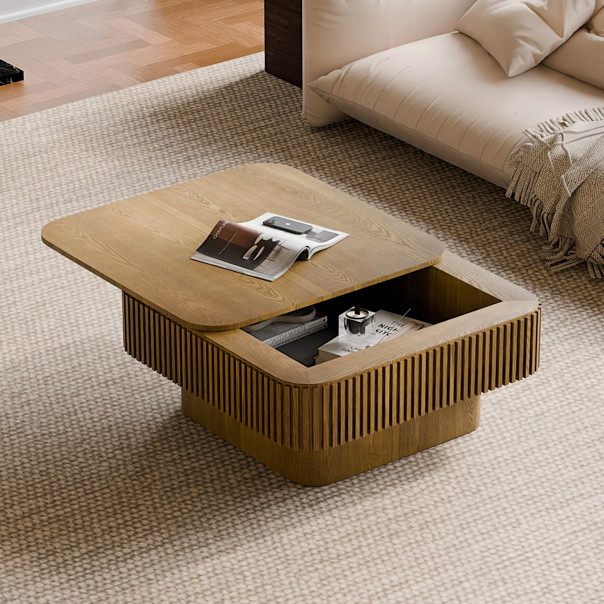 Brown Solid Wood Modern Coffee Table with Hidden Storage and Fluted Detail