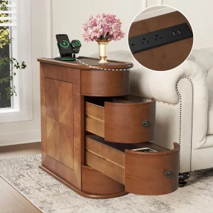 Natural Modern Nightstand with 2 Drawers, USB Port and Charging Station