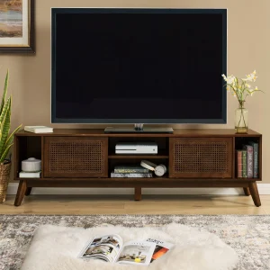 Walnut Brown Rattan Mid-century TV Stand with Rattan Detail
