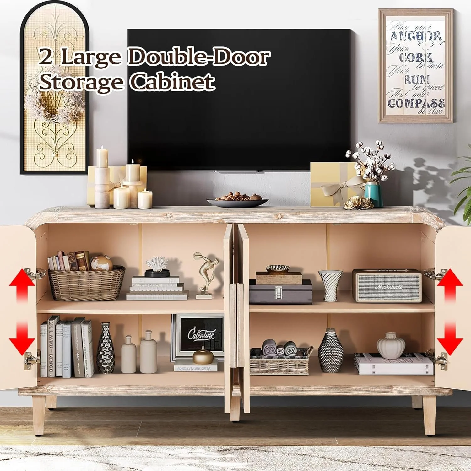 Antique White and Natural Wood Wash Solid Wood Farmhouse Sideboard with Adjustable Shelves - Image 5