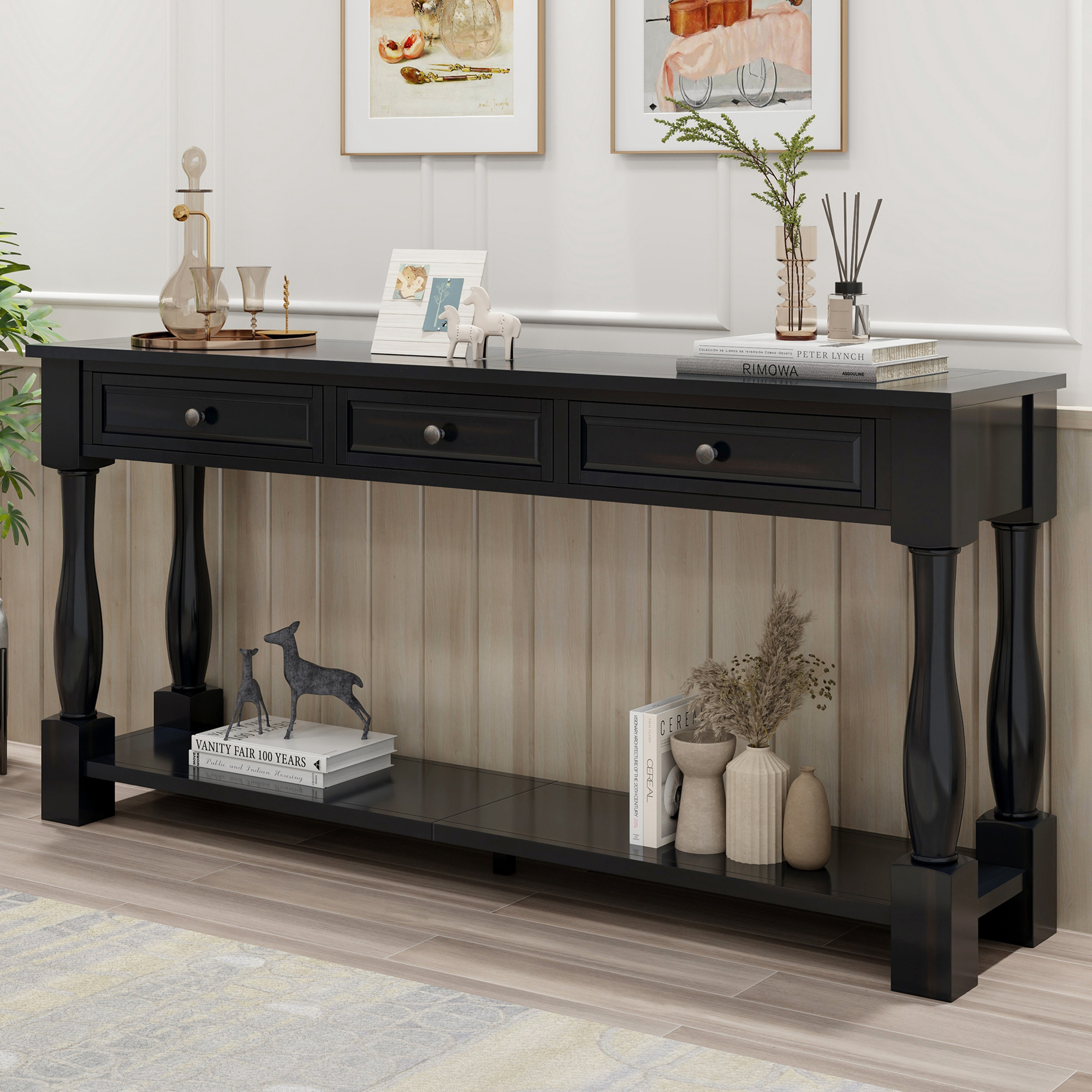 Brown Storage Console Table - Nora Lane Home furniture - Solid wood - 66.14 x 17.72 x 12.4 in