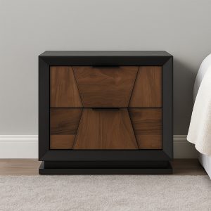 Walnut Metal and Wood Traditional Nightstand with 2 Drawers