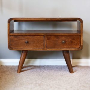 Brown Solid Wood Modern TV Stand with 2 Drawers and Open Shelf