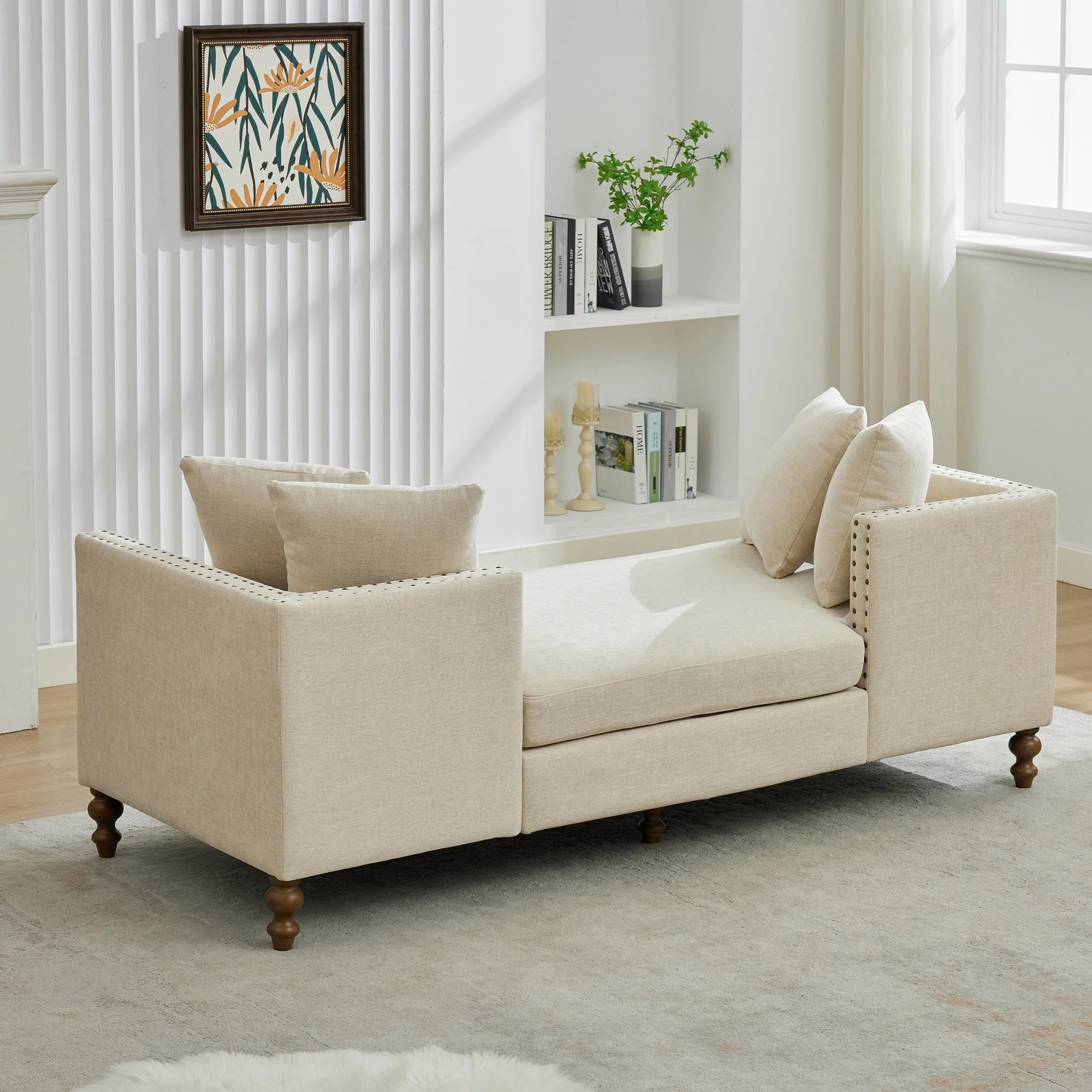 Beige Solid Wood Chaise Lounge with Convertible and Nailhead Trim - Image 6