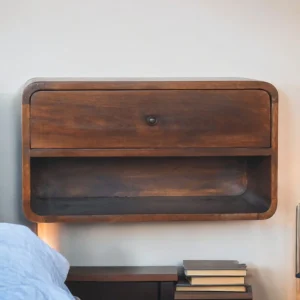 Brown Solid Wood Wall-Mounted Nightstand with 1 Drawer and Open Shelf