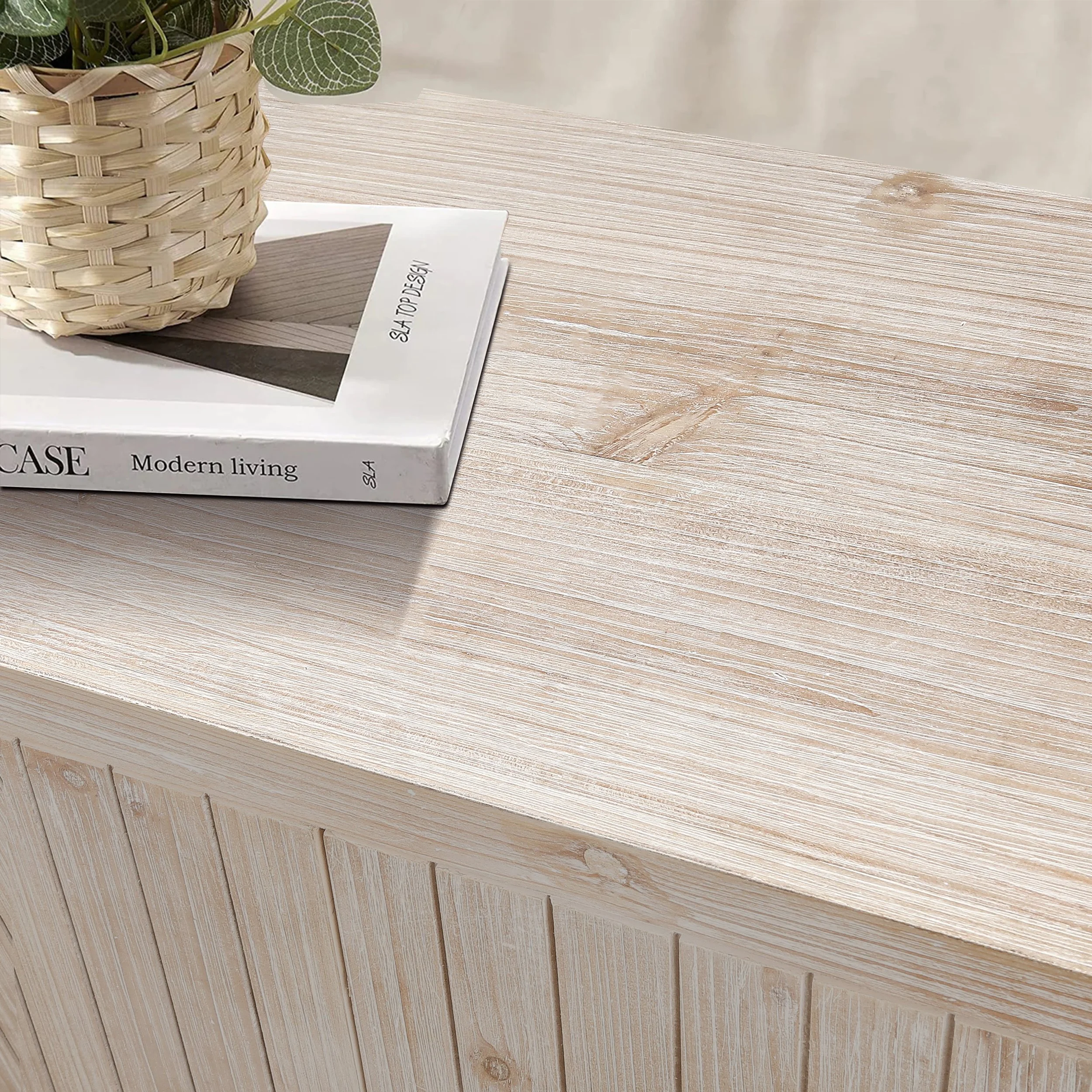 Antique White and Natural Wood Wash Solid Wood Farmhouse Sideboard with Adjustable Shelves - Image 7