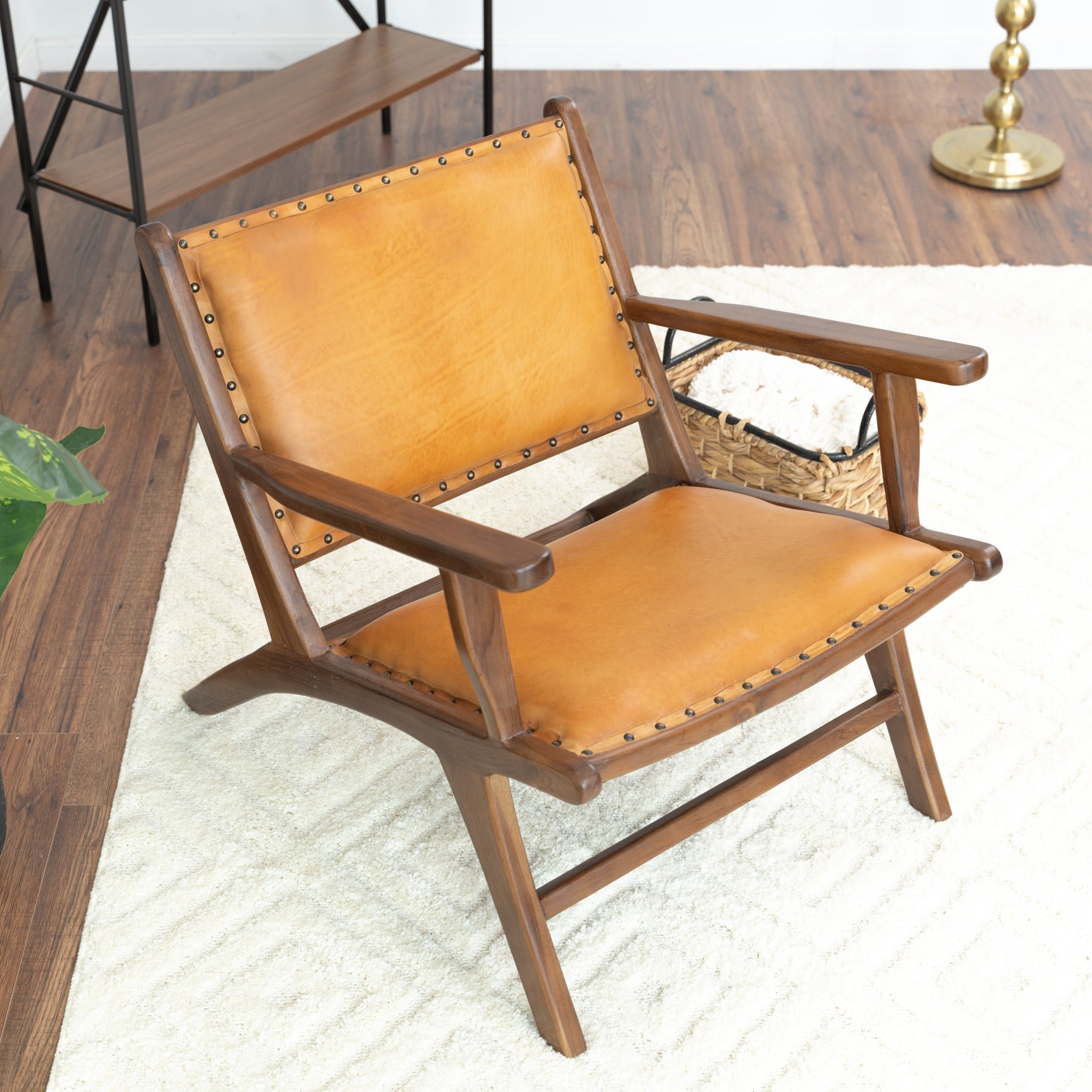 Brown and Tan Solid Wood Modern Armchair - Image 7