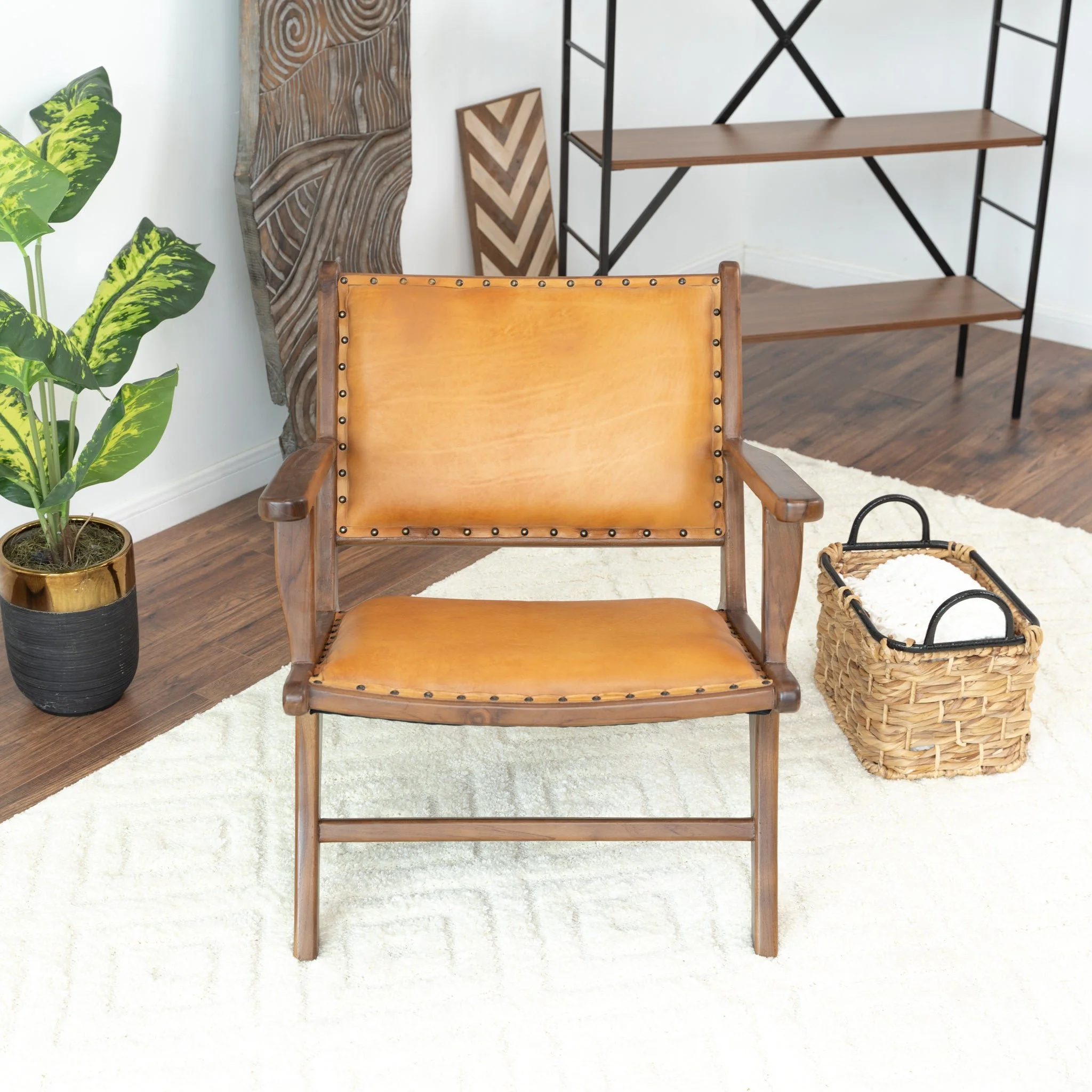 Brown and Tan Solid Wood Modern Armchair - Image 6
