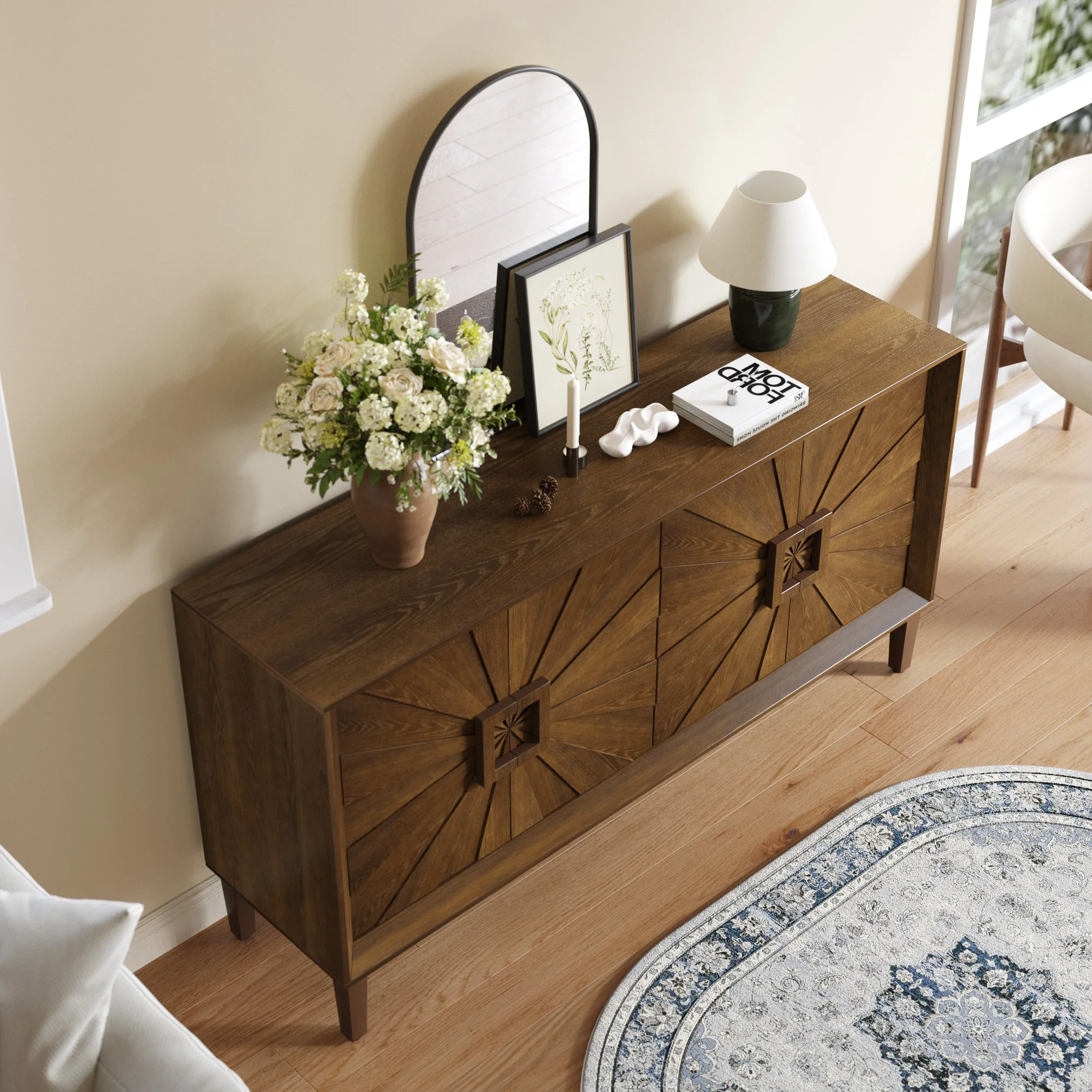 Antique Brown Solid Wood Farmhouse Sideboard with Adjustable Shelves and Sunburst Doors - Image 4