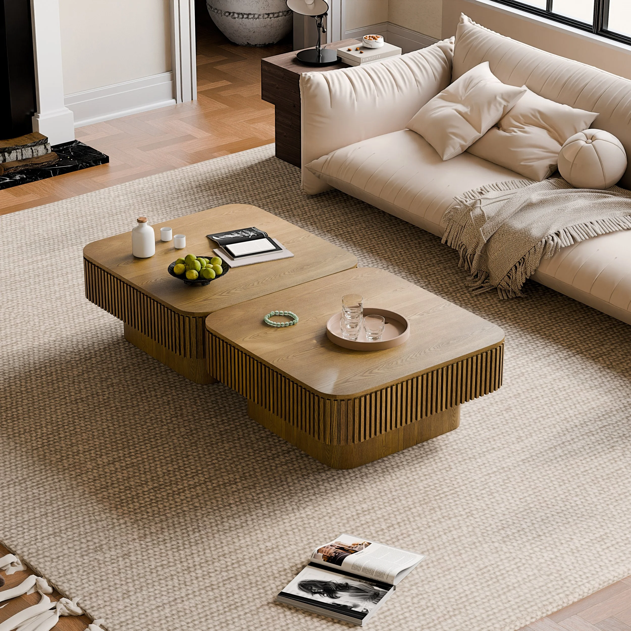 Brown Solid Wood Modern Coffee Table with Hidden Storage and Fluted Detail - Image 5