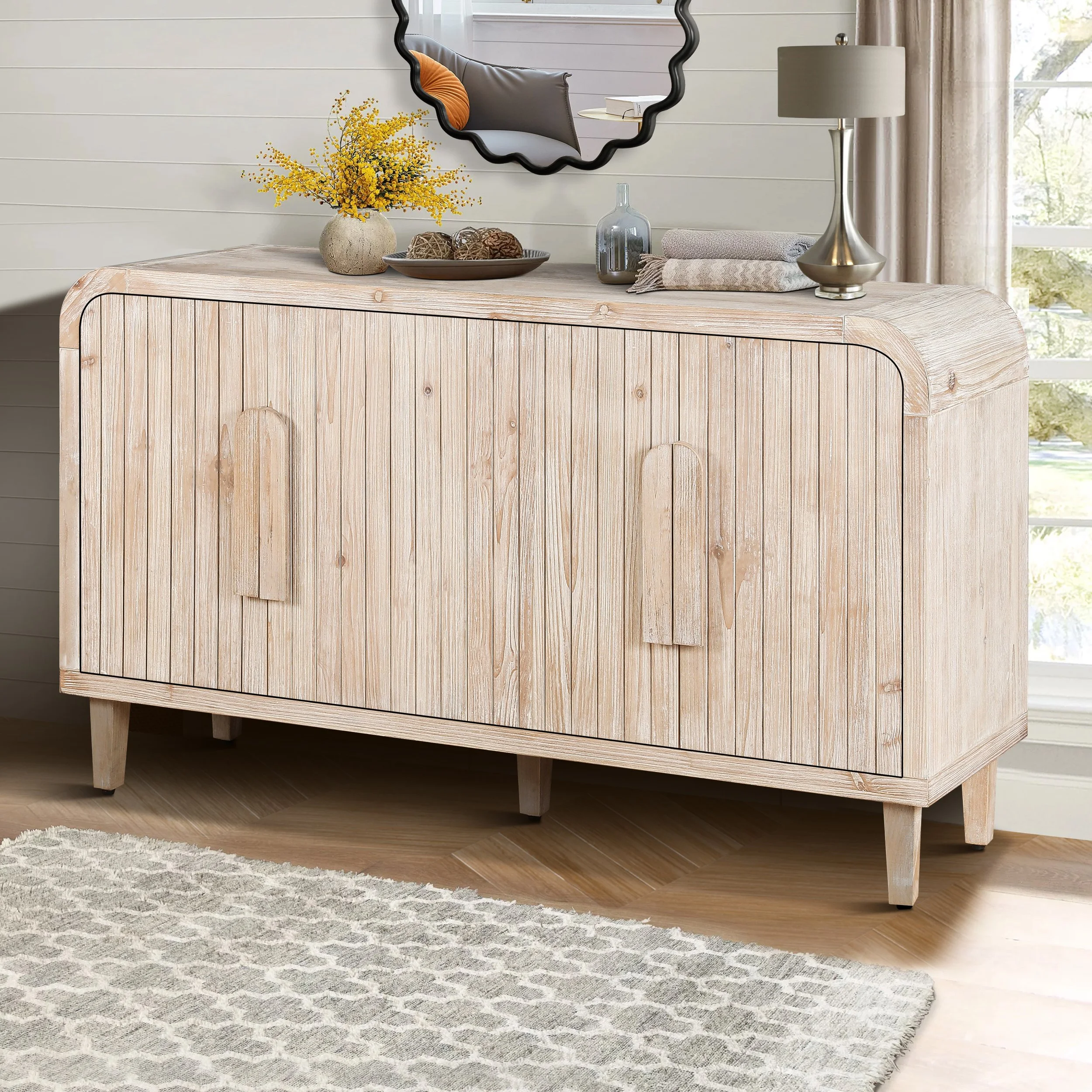 Antique White and Natural Wood Wash Solid Wood Farmhouse Sideboard with Adjustable Shelves - Image 3