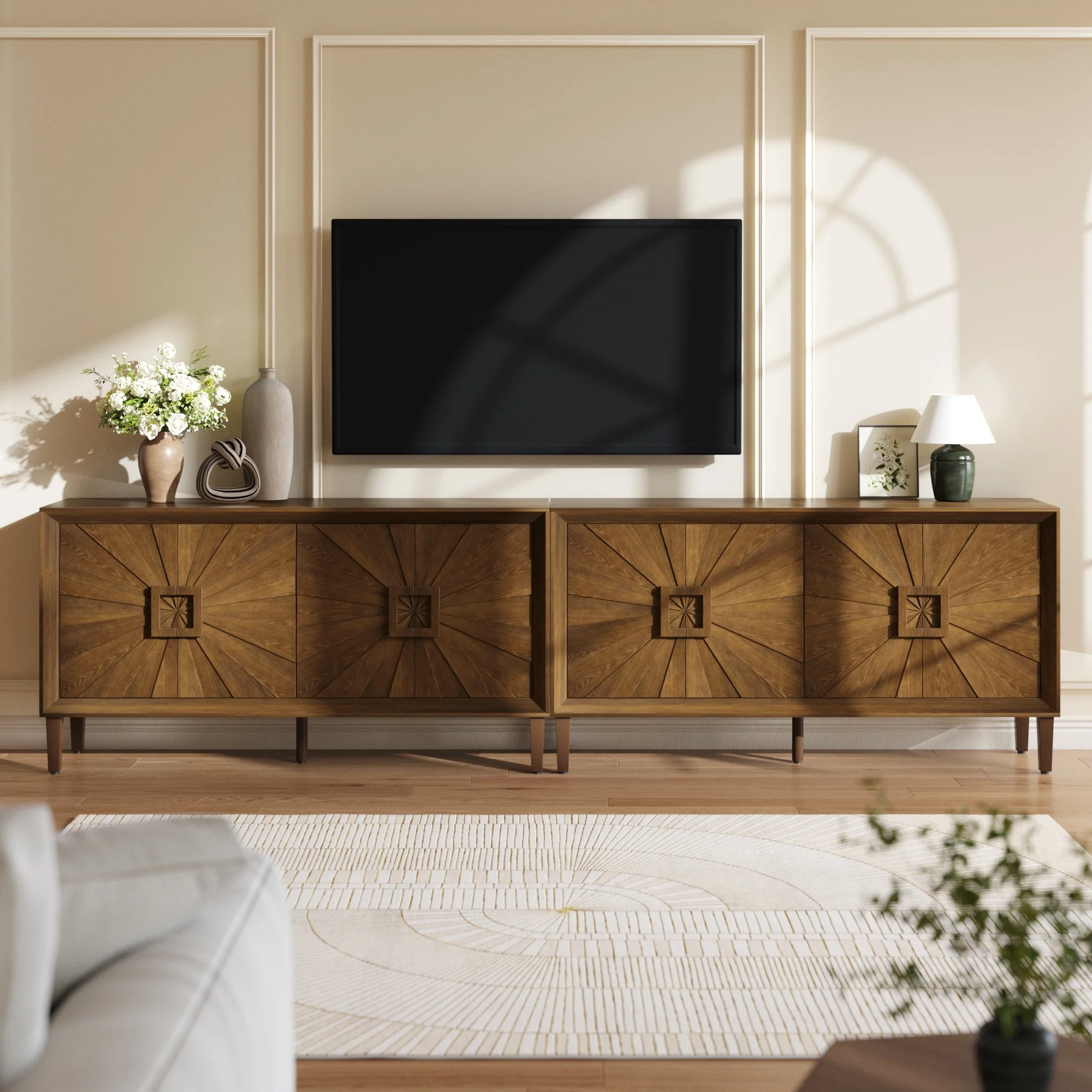 Antique Brown Solid Wood Farmhouse Sideboard with Adjustable Shelves and Sunburst Doors - Image 5