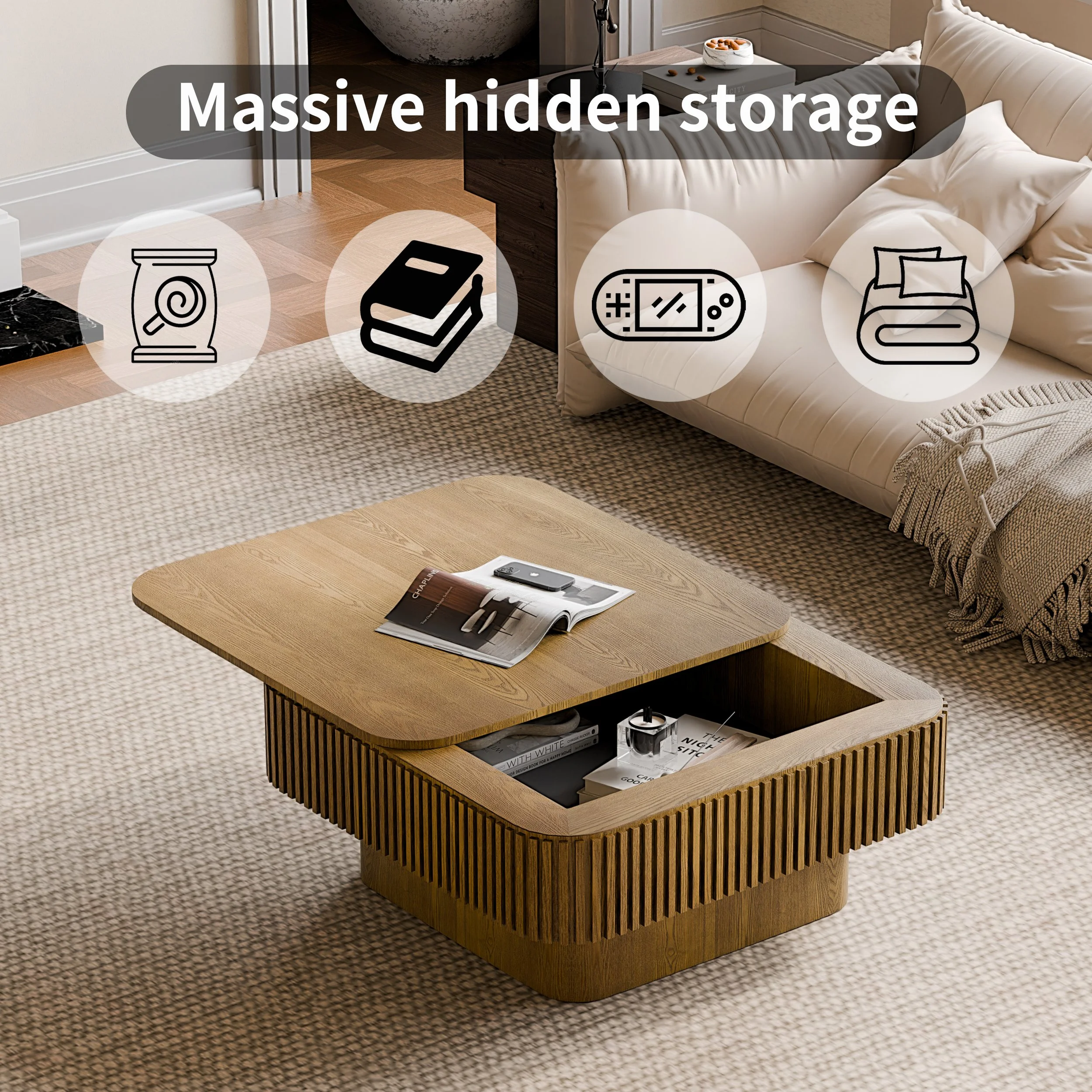 Brown Solid Wood Modern Coffee Table with Hidden Storage and Fluted Detail - Image 8