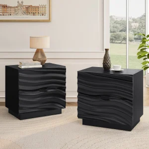 Black Solid Wood Modern Nightstand with 2 Drawers, Set of 2