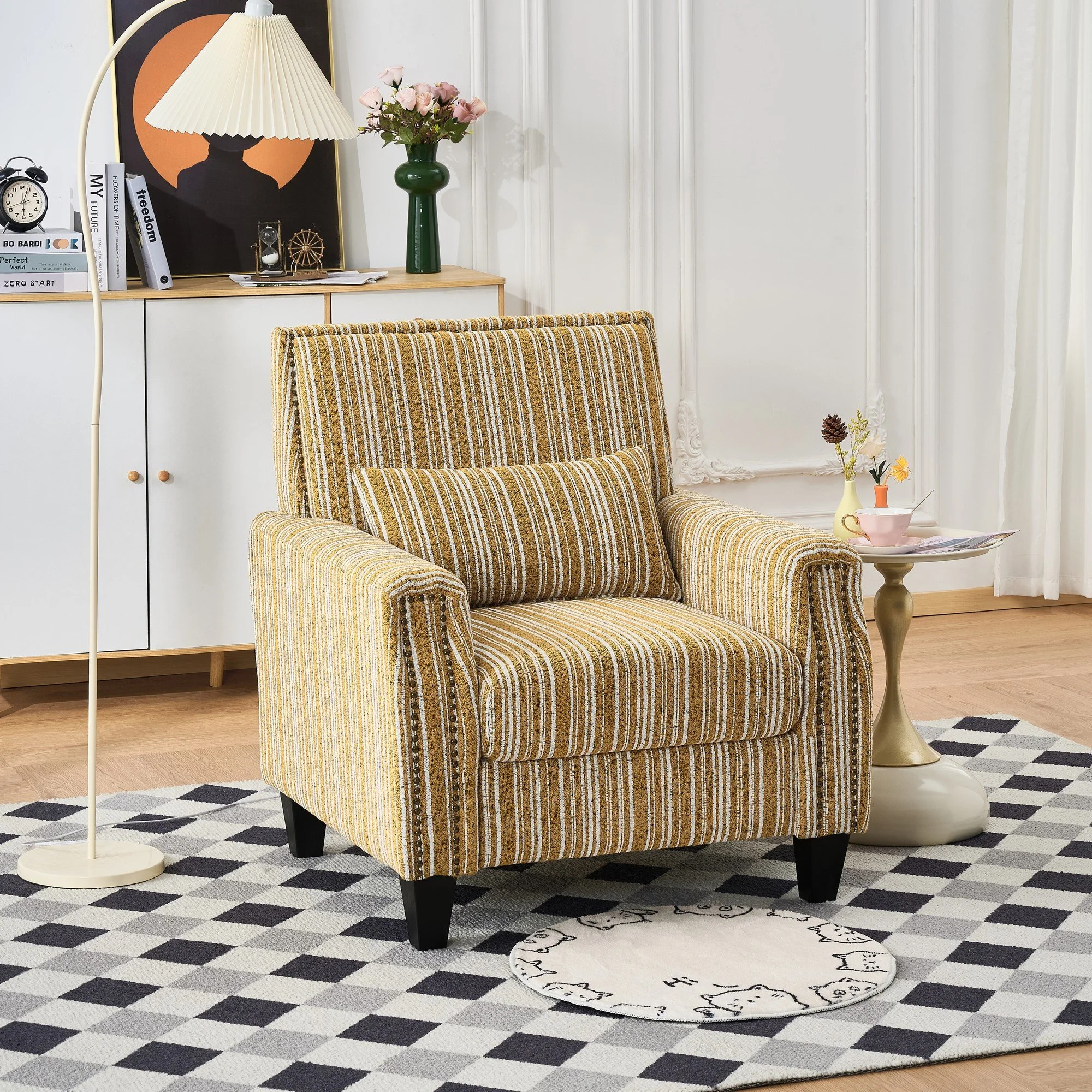 Yellow Solid Wood Modern Armchair with Nailhead Trim - Image 2