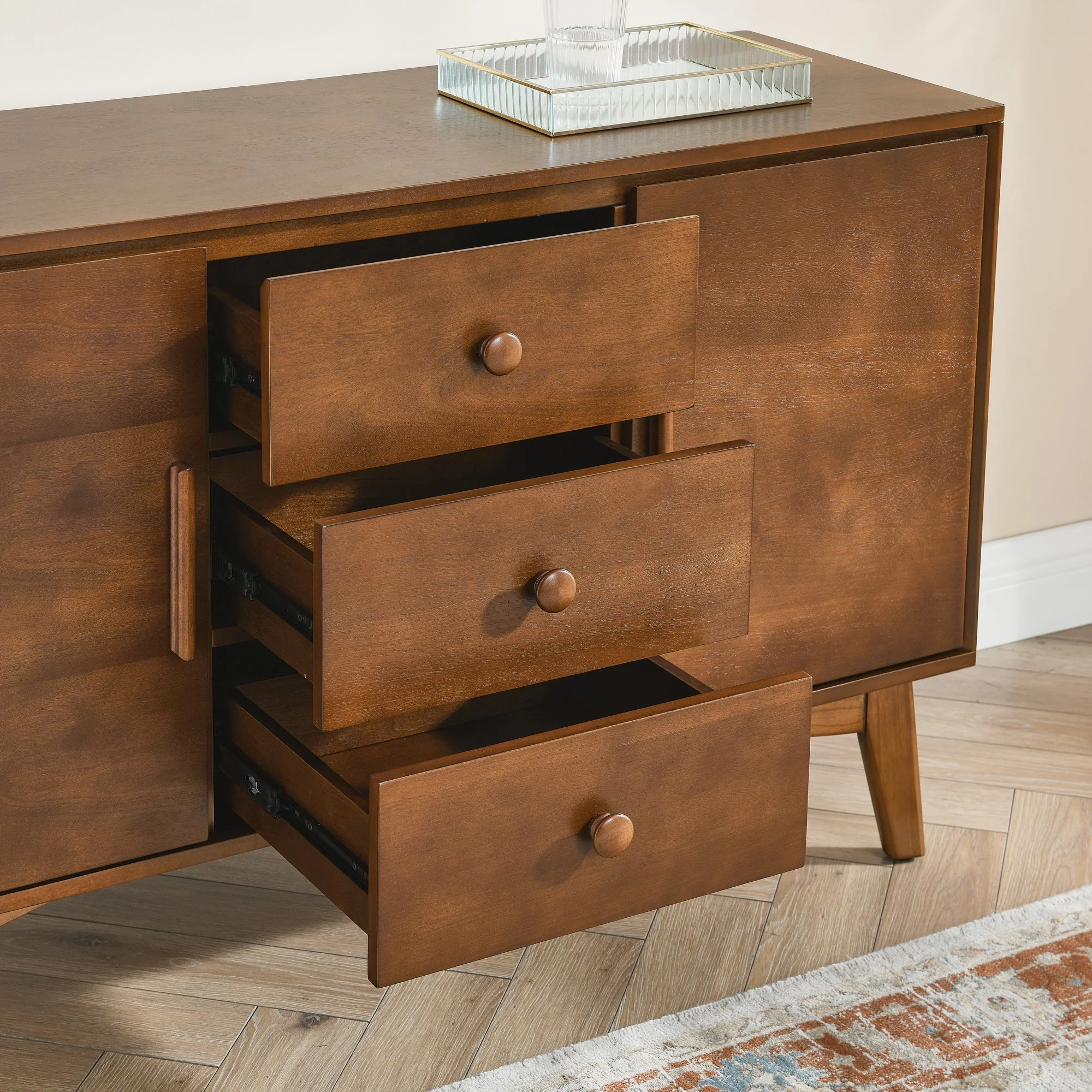 Walnut Solid Wood Mid-century Sideboard with 3 Drawers - Image 7