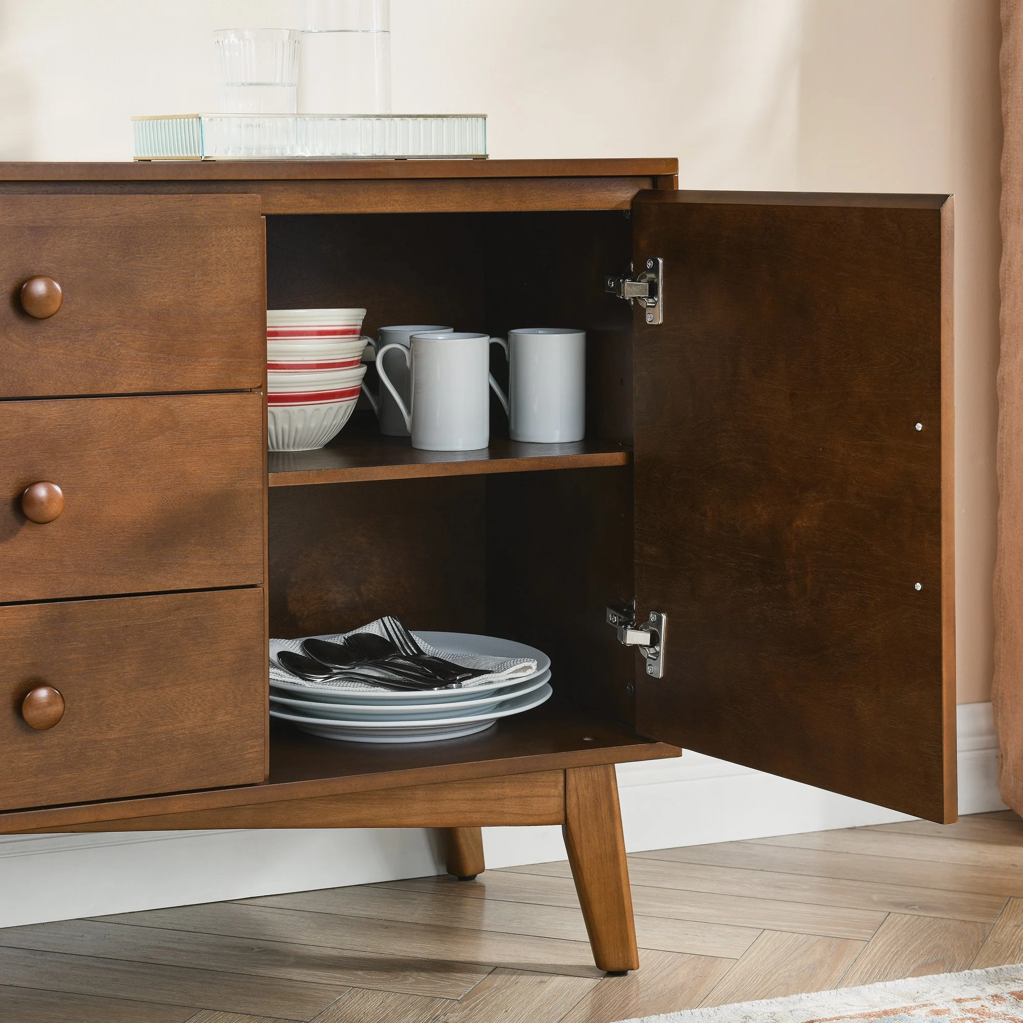 Walnut Solid Wood Mid-century Sideboard with 3 Drawers - Image 8