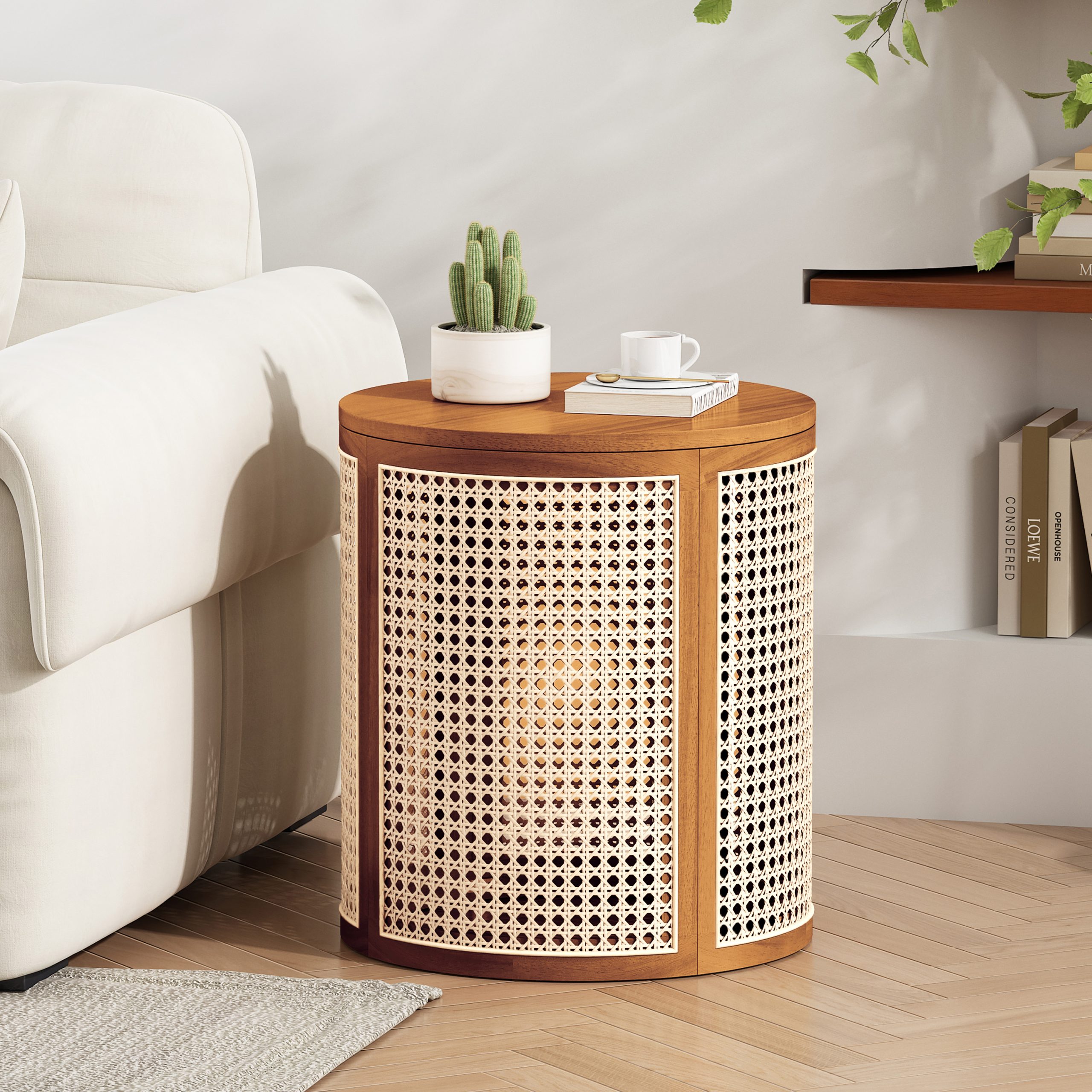 Rattan Solid Wood Round Storage Nightstand - Nora Lane Home furniture - Solid wood, Rattan detail - 25 x 19.5 x 8.3 in