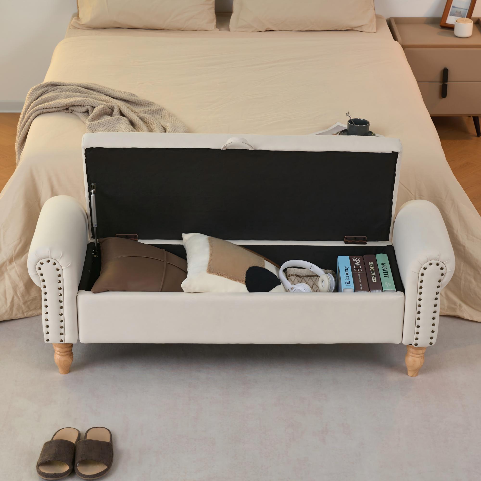 Beige Solid Wood Storage Bench - Nora Lane Home furniture - Solid wood, Upholstered - 42.5 x 18.1 x 11.8 in