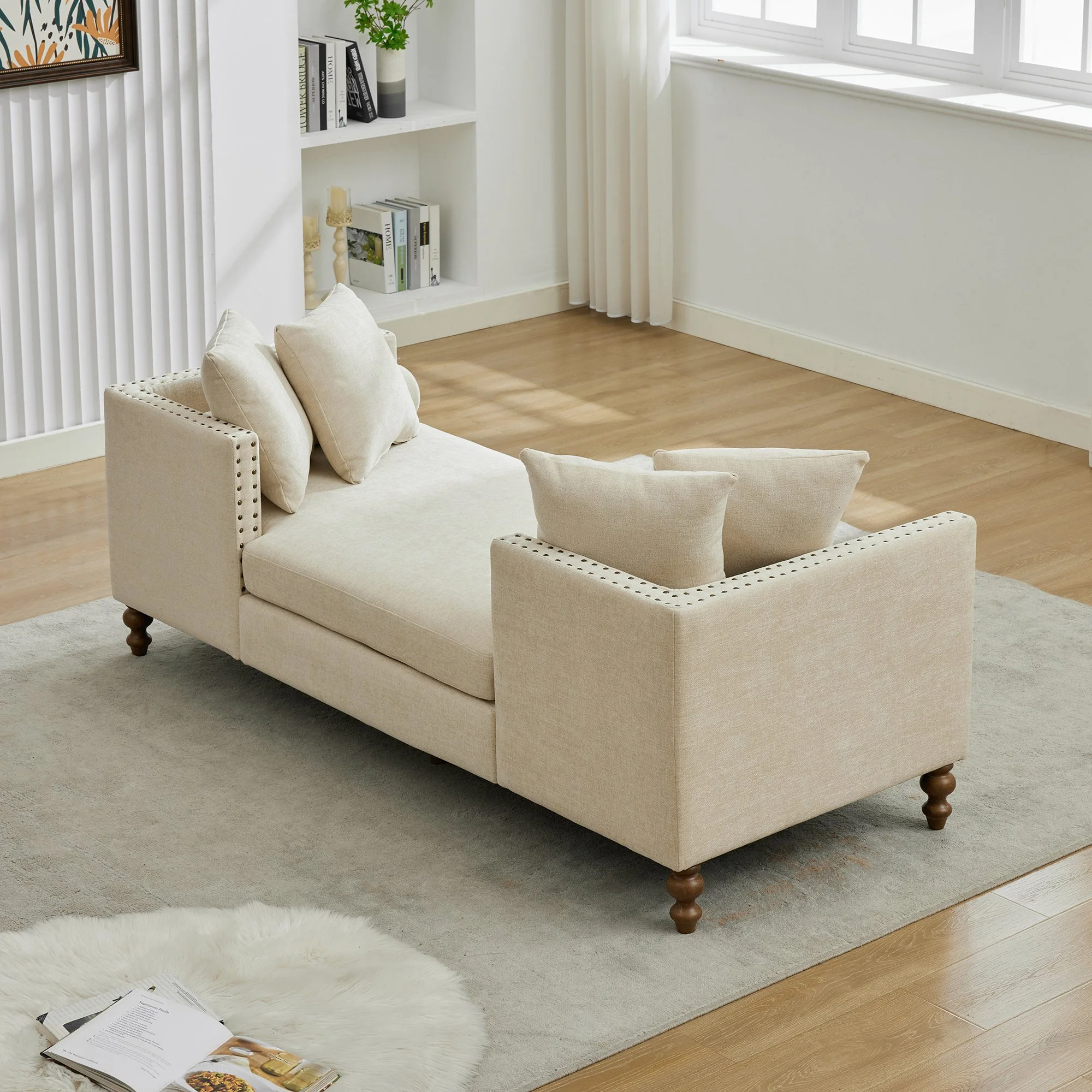 Beige Solid Wood Chaise Lounge with Convertible and Nailhead Trim - Image 7