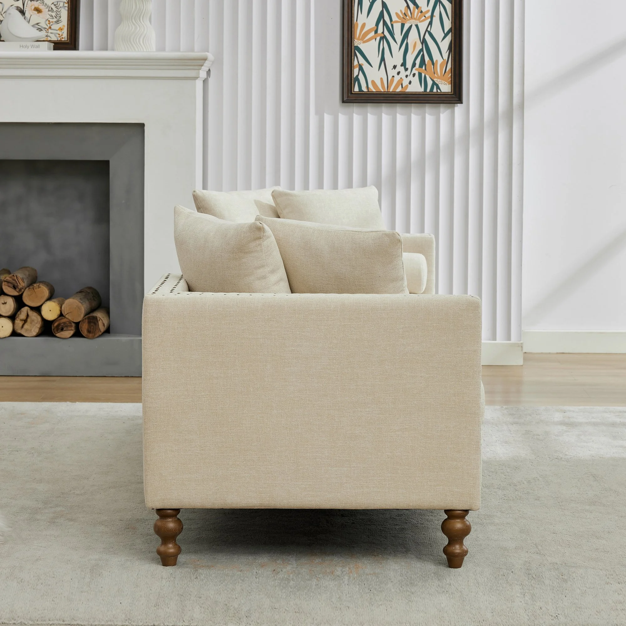 Beige Solid Wood Chaise Lounge with Convertible and Nailhead Trim - Image 5