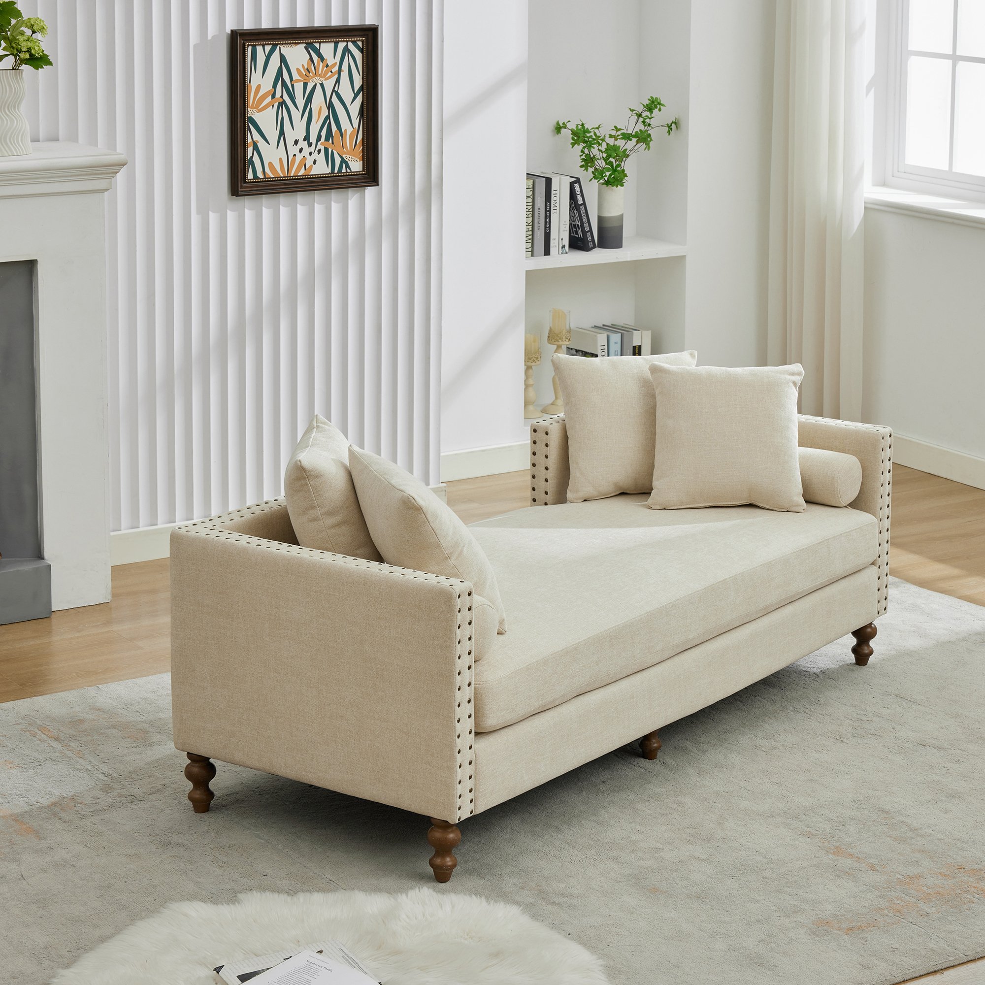 Beige Solid Wood Chaise Lounge with Convertible and Nailhead Trim - Image 3