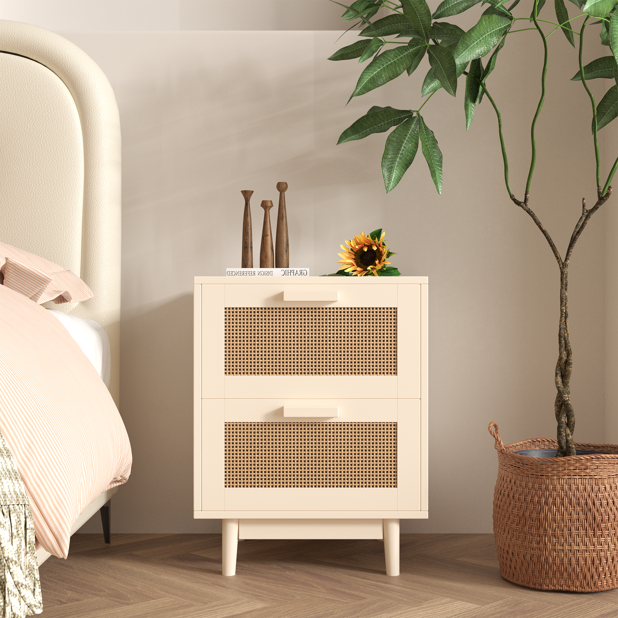 Antique Natural and Rattan Nightstand with Rattan Detail - Image 4