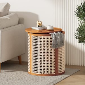 Rattan Solid Wood Round Storage Nightstand - Nora Lane Home furniture - Solid wood, Rattan detail - 25 x 19.5 x 8.3 in