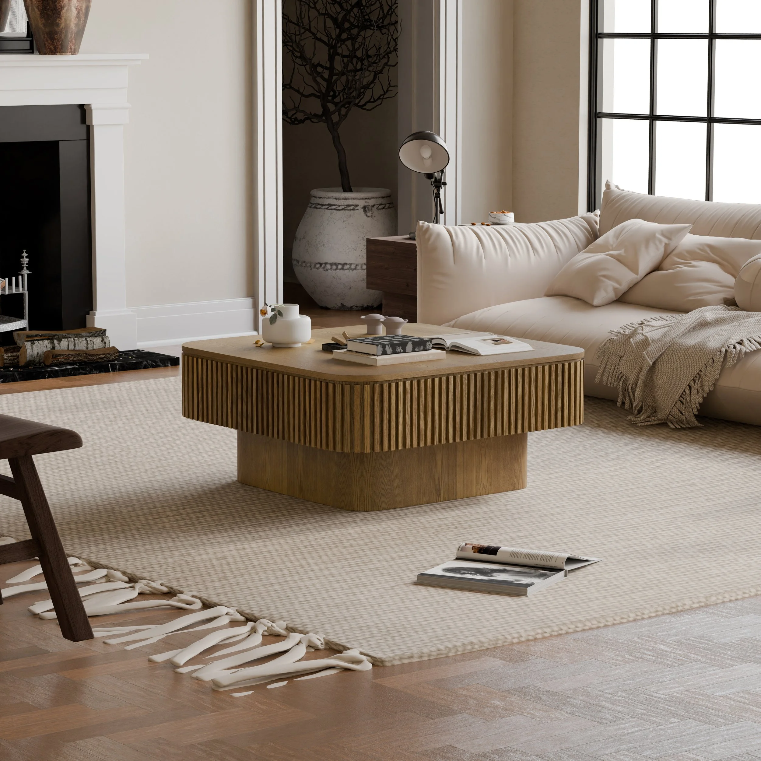 Brown Solid Wood Modern Coffee Table with Hidden Storage and Fluted Detail - Image 2