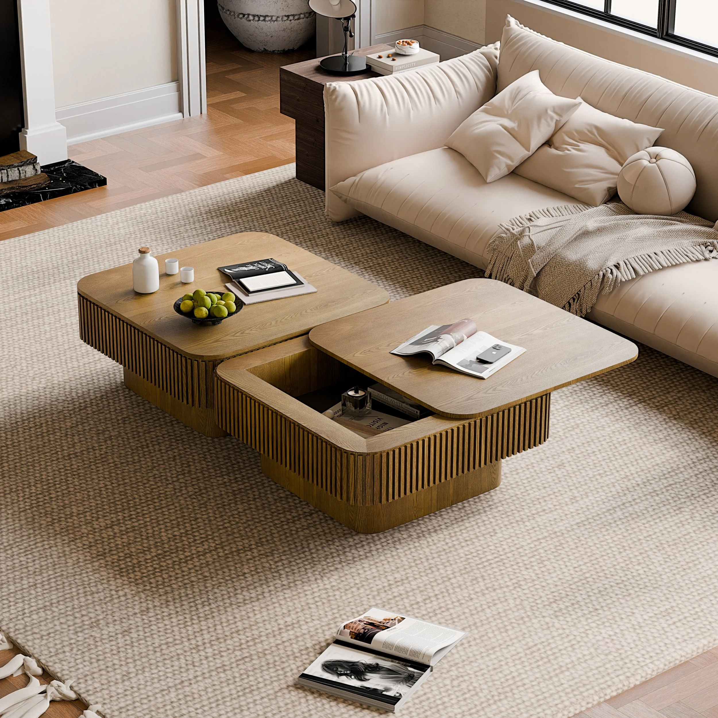 Brown Solid Wood Modern Coffee Table with Hidden Storage and Fluted Detail - Image 6