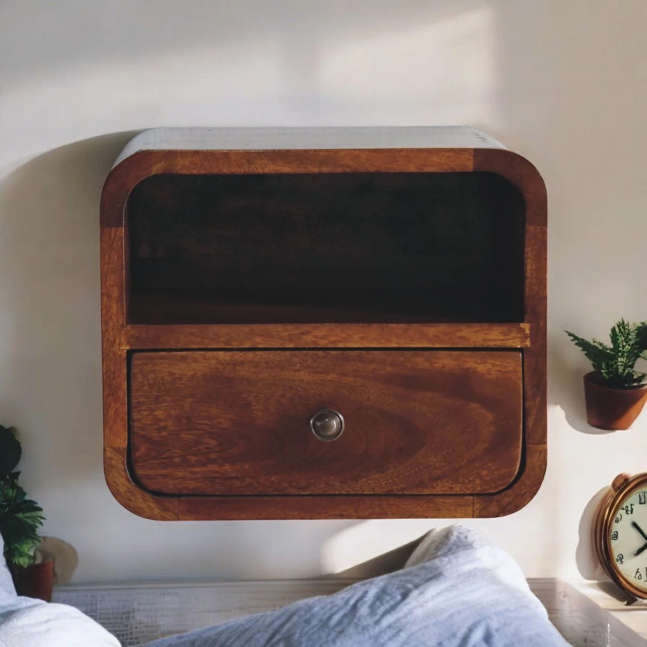 Brown Solid Wood Wall-Mounted Nightstand with 1 Drawer and Open Shelf