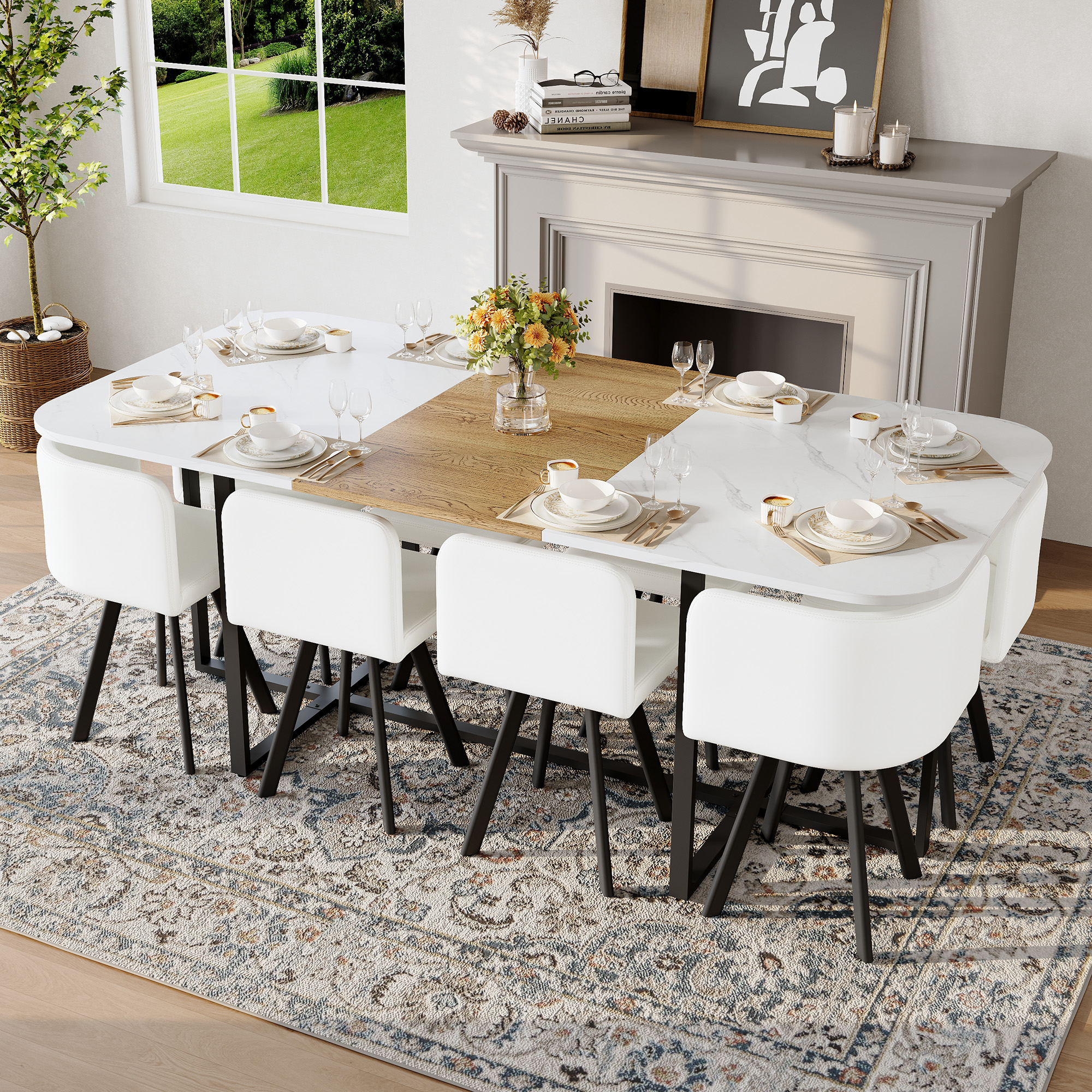 White Faux Leather Dining Table - Nora Lane Home furniture - Marble detail, Upholstered