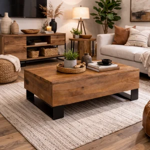 Brown Solid Wood Coffee Table with Lift-Top
