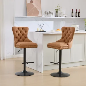 Orange Faux Leather Modern Bar Stools with Swivel, Adjustable Height and Tufted, Set of 2