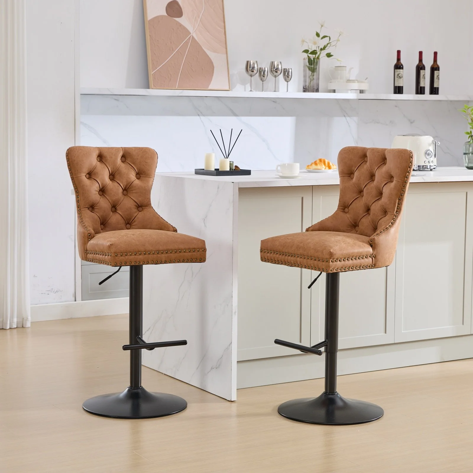 Orange Faux Leather Modern Bar Stools with Swivel, Adjustable Height and Tufted, Set of 2