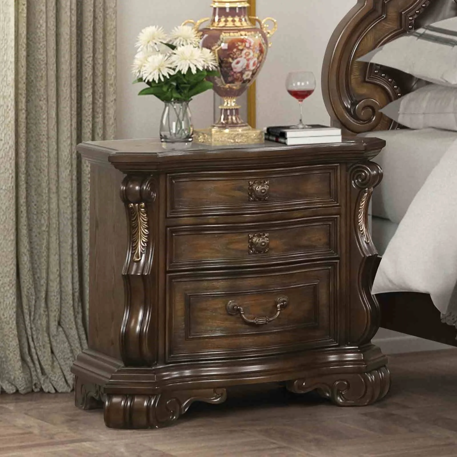 Dark Brown Traditional Nightstand with USB Port