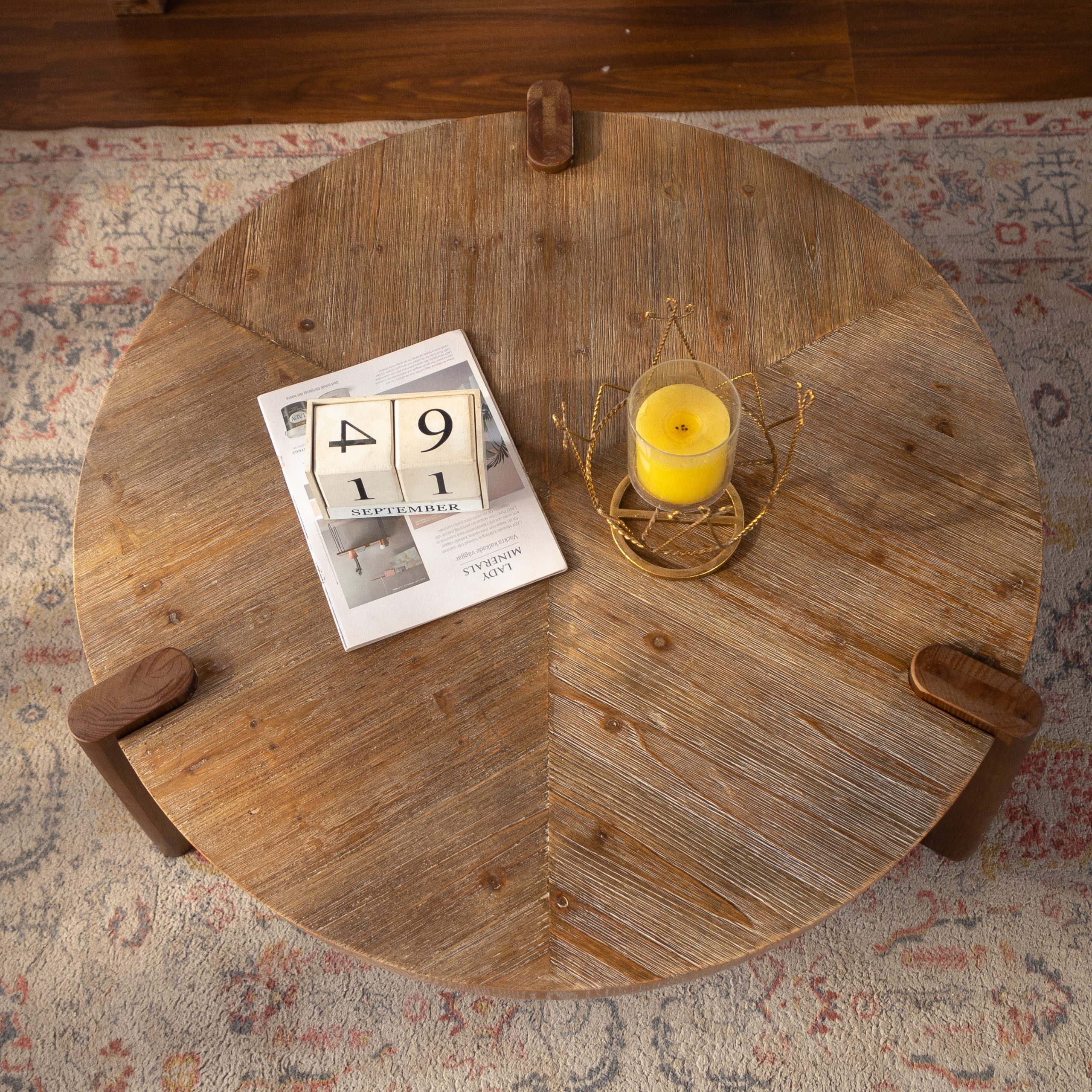 Natural Wood Textured Round Coffee Table - Nora Lane Home furniture - Solid wood, Metal accent - 38.39 x 4.92 x 38.98 in