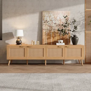 Natural Wood Rattan Boho TV Stand with Rattan Detail and Cable Management