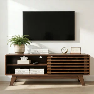 Walnut Mid-century TV Stand with Fluted Detail