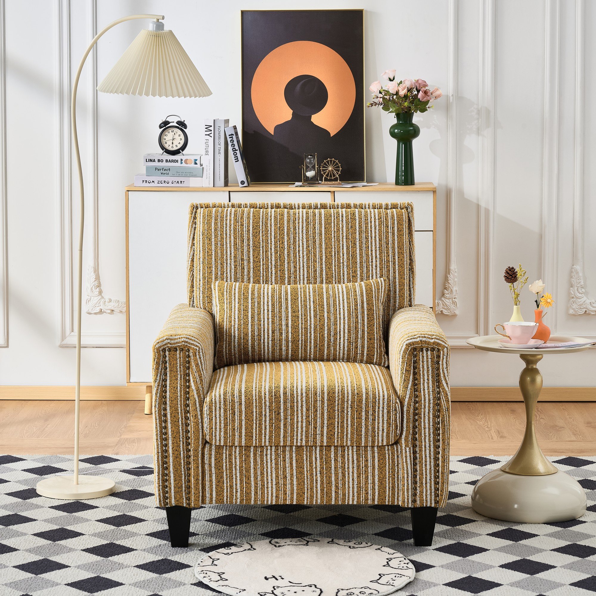 Yellow Solid Wood Modern Armchair with Nailhead Trim