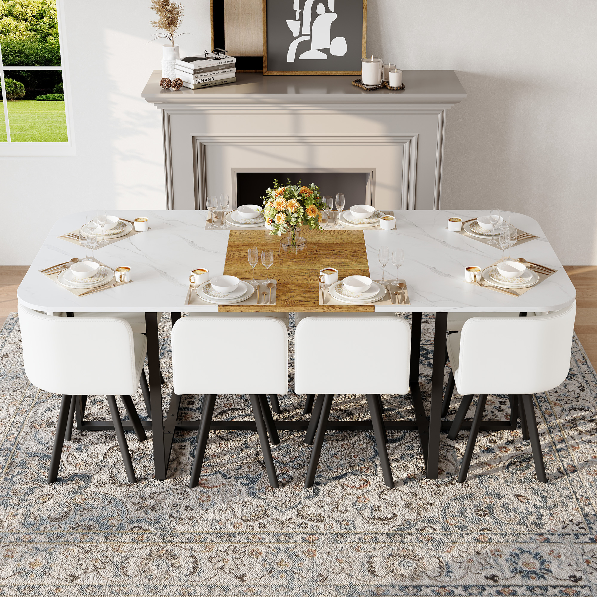White Faux Leather Dining Table - Nora Lane Home furniture - Marble detail, Upholstered
