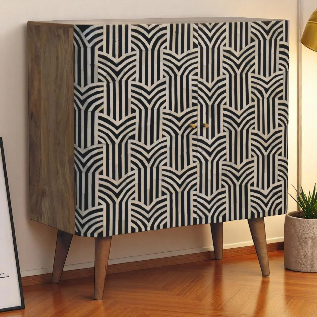 Black White Solid Wood Boho Storage Cabinet