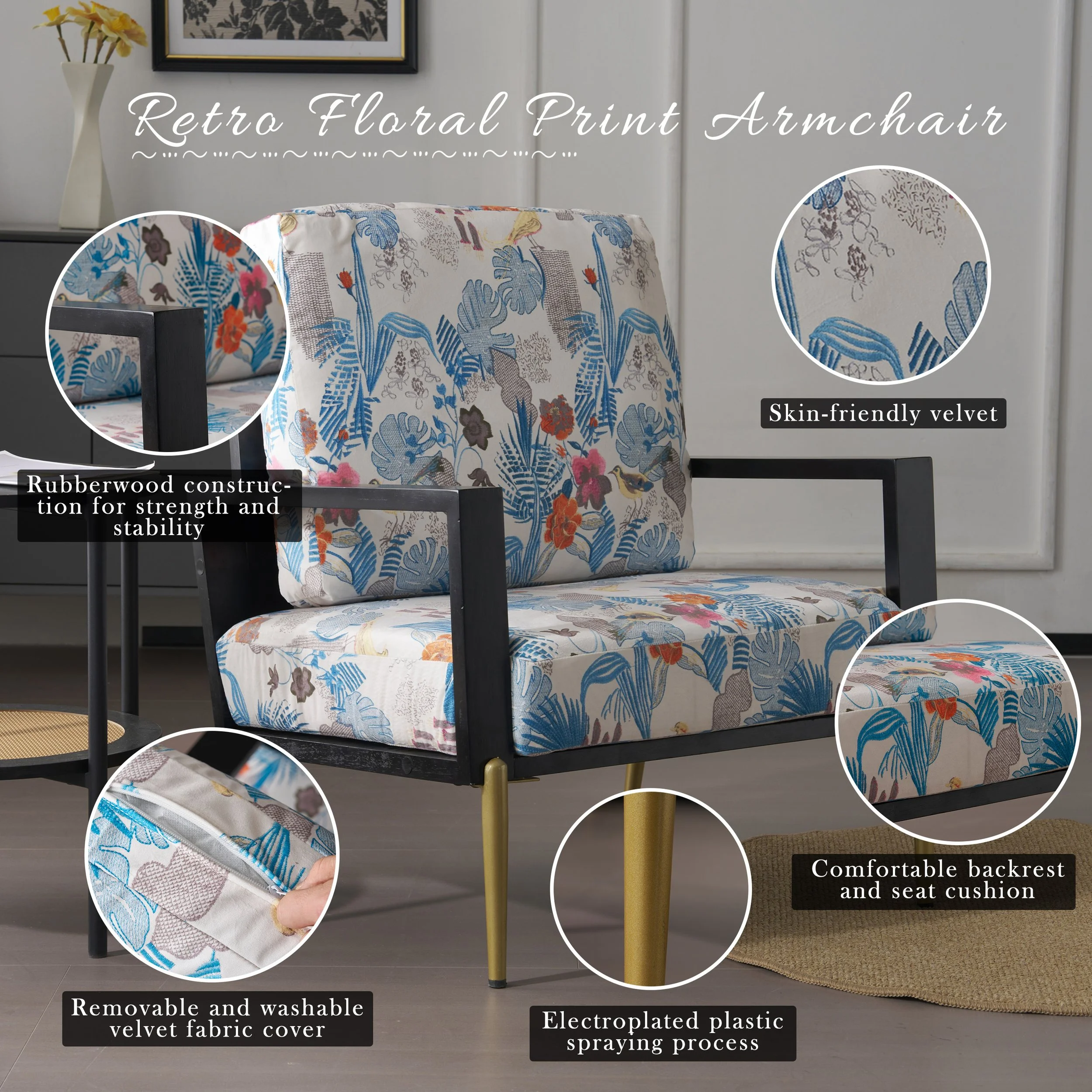 Antique Blue, Black, and Flower Velvet Vintage Armchair - Image 2