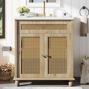 Natural Wood Rattan Rustic Bathroom Vanity with Rattan Detail