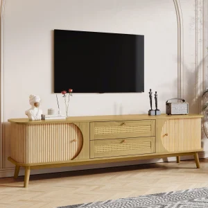 Natural Wood Rattan Farmhouse TV Stand with Rattan Detail and Cable Management