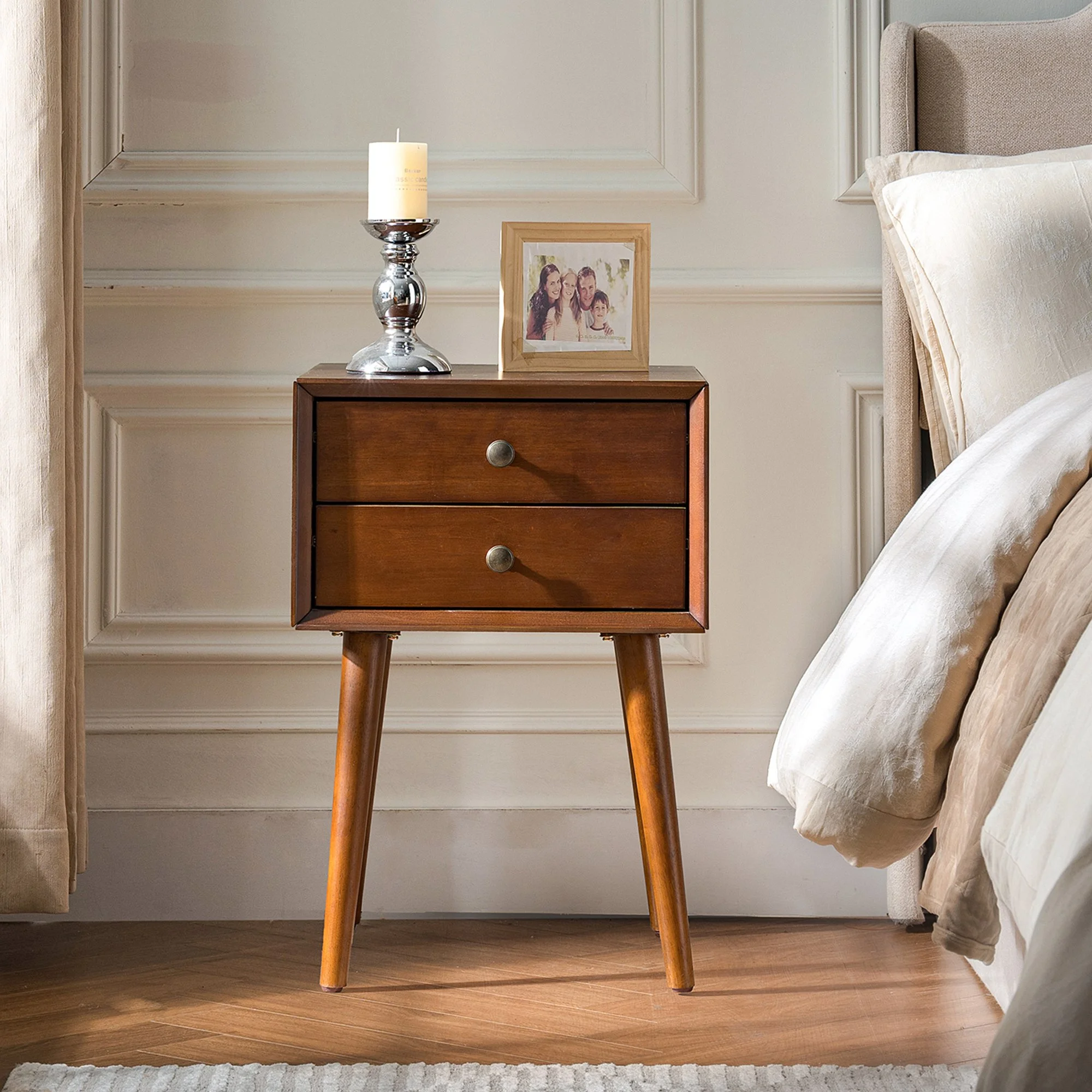 Walnut Modern Nightstand with 2 Drawers - Image 2