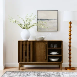 Walnut Brown Rattan Farmhouse Sideboard with Hidden Storage, Rattan Detail and Cable Management